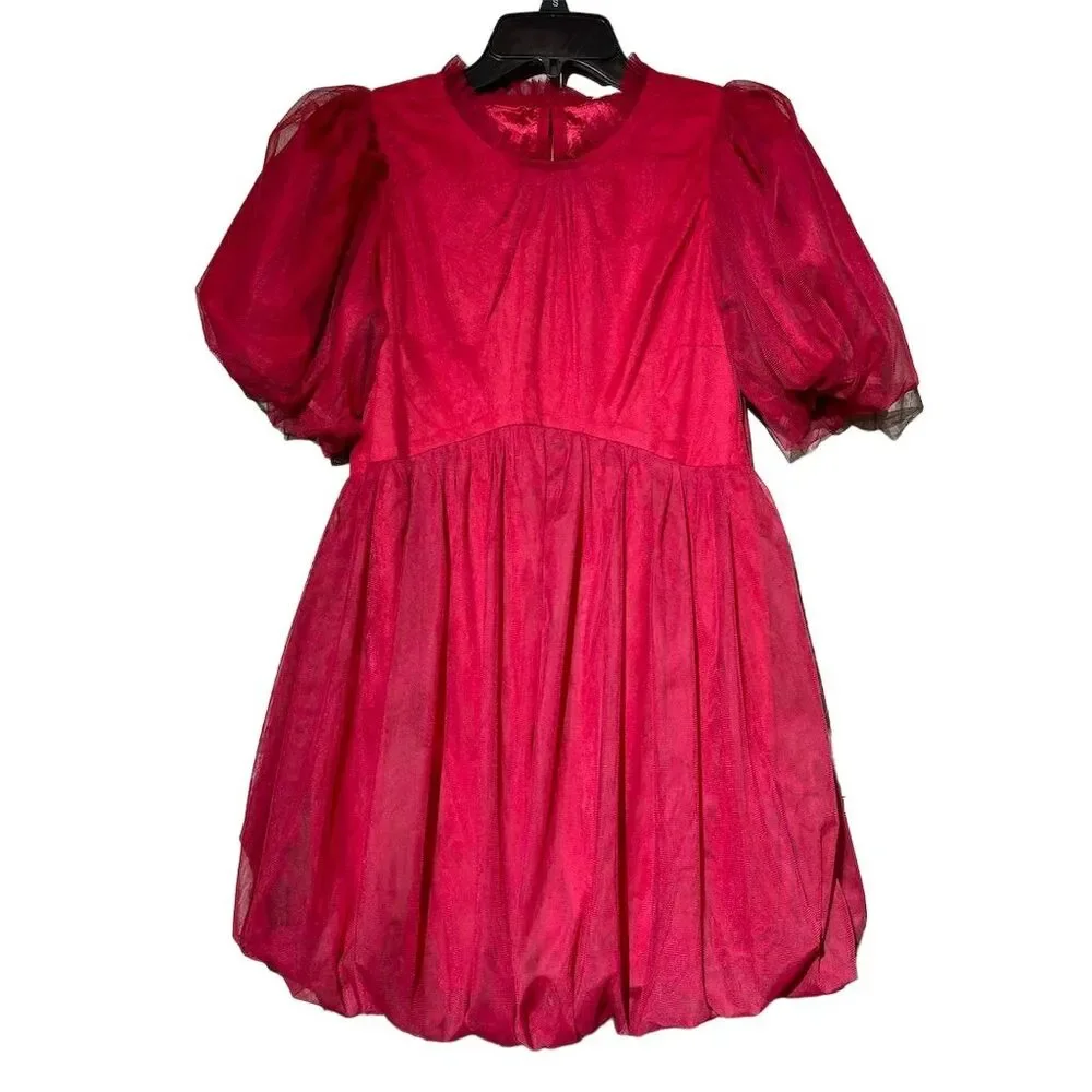 &merci Women's Red Puff Sleeve Mesh A-line Dress Size S Summer Backless